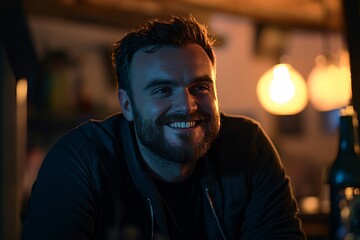Obraz premium Joyful Moments in a Cozy, Dimly Lit Bar Setting