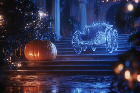 A mystical, enchanted scene depicts a pumpkin and a shining carriage on ornate staircase, evoking a fairy-tale atmosphere.