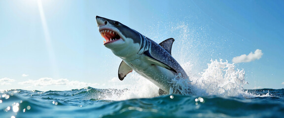 Fototapeta premium Great white shark leaping from ocean in sunlit splash