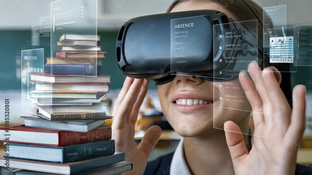 Aufkleber a person using a virtual reality headset in a classroom with books and digital overlays.