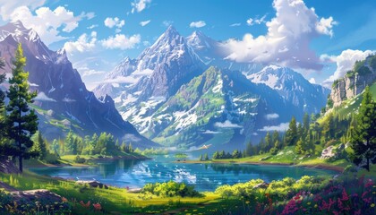 Fototapeta premium Serene Mountain Lake with Snow-Capped Peaks and Lush Foliage