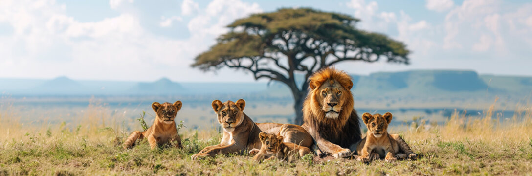 lion with lioness, cubs lie near tree in African savannah, family of carnivorous predators. - Powered by Adobe