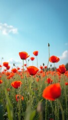 Fototapeta premium Serene field of poppies swaying gently under a bright blue sky.