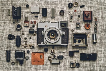 Disassembled camera parts arranged meticulously on a fabric backdrop, showcasing intricate design and craftsmanship.
