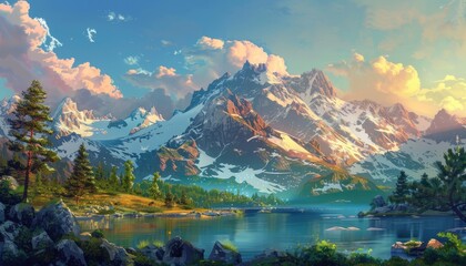 A Tranquil Mountain Lake Surrounded by Snowy Peaks at Sunset