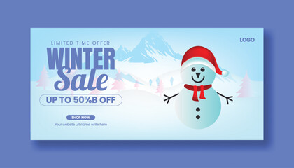 Winter Sale Banner Template with Snowflakes, Snowman, and Christmas Tree Illustration, Seasonal Promotion, Big Discount, Shopping Banner, Social Media Cover, Marketing Design, Holiday Advertising