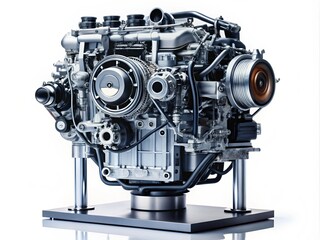 Fototapeta premium Detailed View of a Modern Internal Combustion Engine Structure Isolated on White Background, Showcasing Automotive Parts and Components for Automotive Photography Enthusiasts