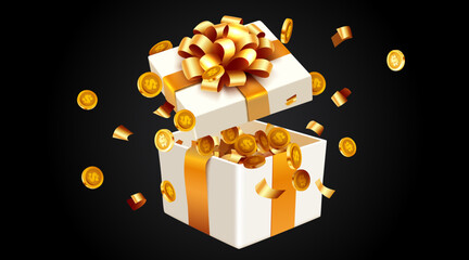 Gift box with coin explosion. Big win concept.