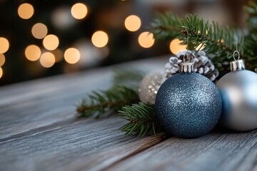 Two shimmering Christmas ornaments rest on a rustic wood table, framed by pine branches, evoking a...