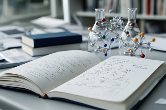 An open notebook filled with complex equations lies alongside molecular models, embodying scientific discovery and intellectual pursuit.