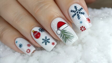 Winter-themed nails with Santa hat and snowflake designs, festive mood, elegant manicure on snowy background