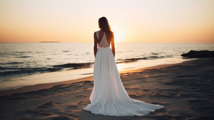 Beautiful woman in white dress standing at the beach. Generative AI.