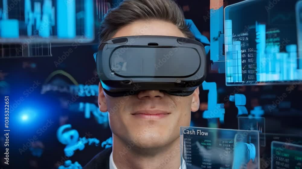 Poster a man in a suit uses virtual reality technology for data analysis and stock market insights.