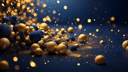 Abstract Dark Blue and Gold Particles Background with Golden Light Shine