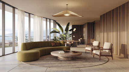 Fototapeta premium Modern Luxury Living Room Interior Design Ocean View Curved Sofa Wooden Accents