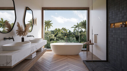 Luxury Bathroom Design  Tropical View  Marble Vanity  Freestanding Tub