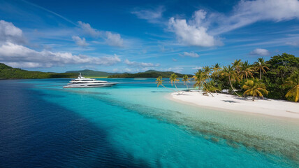 Luxury Yacht at Tropical Island Beach Paradise  Turquoise Waters  White Sand  Palm Trees