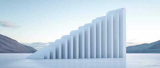 Obraz premium Investing mistake fail business and volatility Concept, A modern white structure rises from a tranquil landscape, symbolizing growth and progress against a serene backdrop of mountains and water.