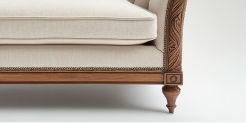Elegant Sofa Detail: Close-up of a beautifully carved wooden sofa leg, showcasing exquisite craftsmanship and timeless design. The rich wood grain and intricate details are highlighted.