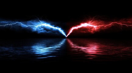 red and blue lightning bolts striking in the dark, with an empty space between them