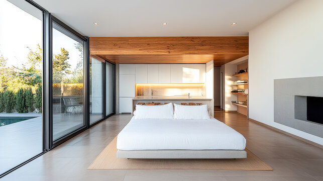 Modern minimalist bedroom design with open layout and natural light in a stylish home