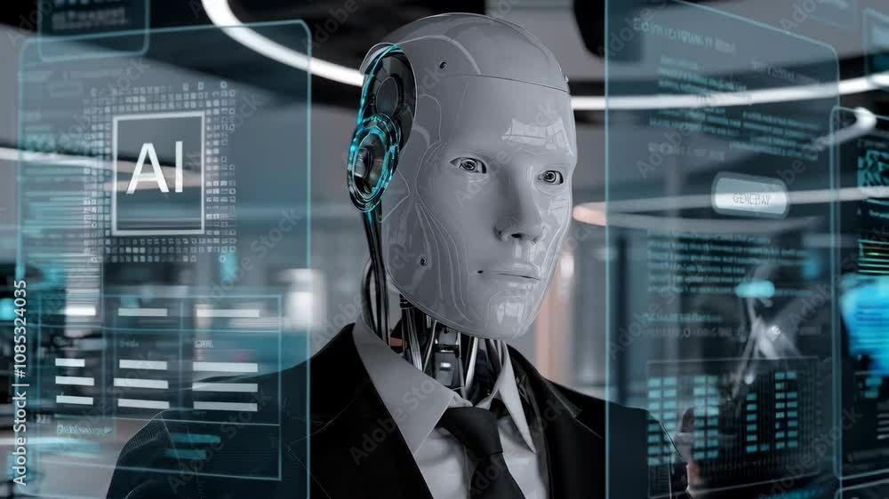 Poster a humanoid robot in a suit interacts with digital ai data displays.