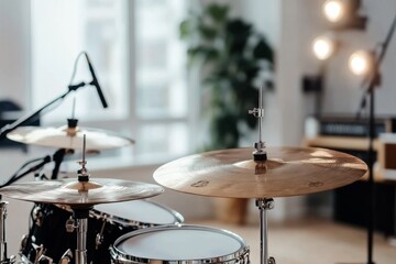 Obraz premium Golden cymbals gleam under soft studio lights, part of a drum set ready for an artist’s rhythmic expressions.