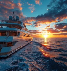 luxury yacht in the open sea sunset, yacht vacation