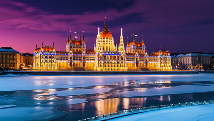 Fototapeta premium Illuminated Hungarian Parliament Building at night, reflecting on a frozen river during winter.