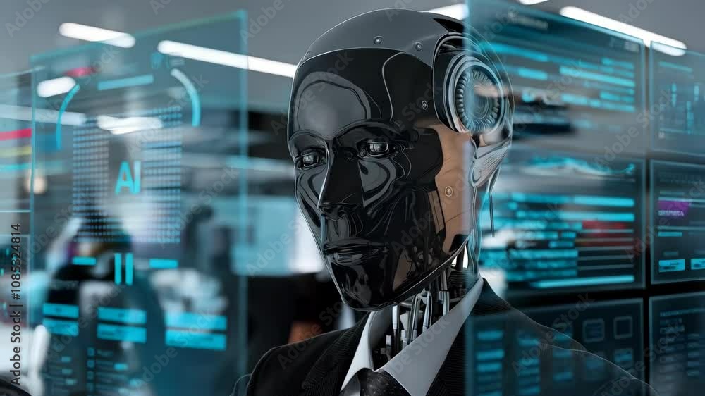 Aufkleber a humanoid robot interacts with digital interfaces, showcasing advanced ai technology.