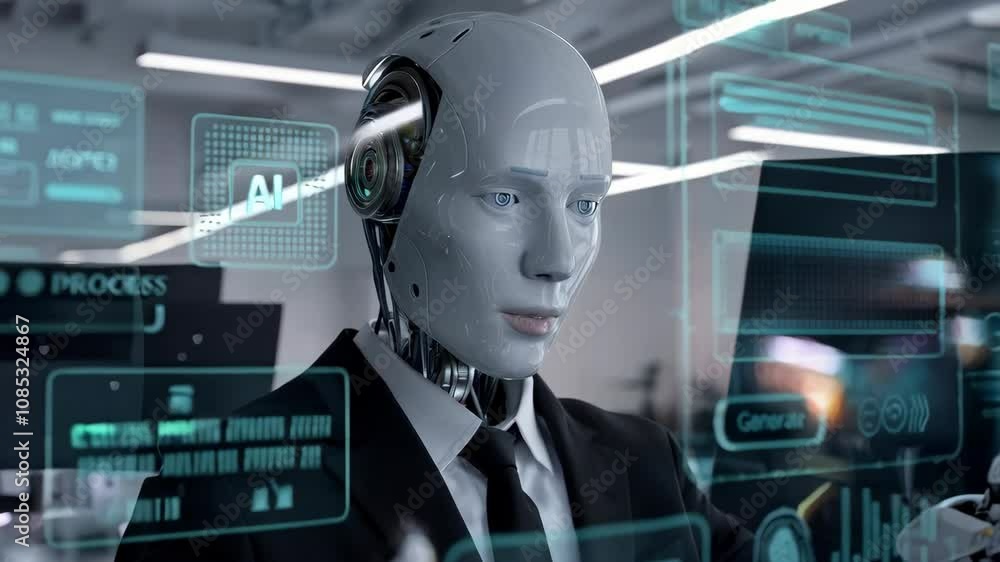 Poster a humanoid robot in a suit interacting with digital interfaces and data displays.