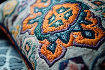 Fototapeta premium Ornate pillow showcases vibrant embroidery with teal and orange floral patterns, adding texture and elegance to home decor.