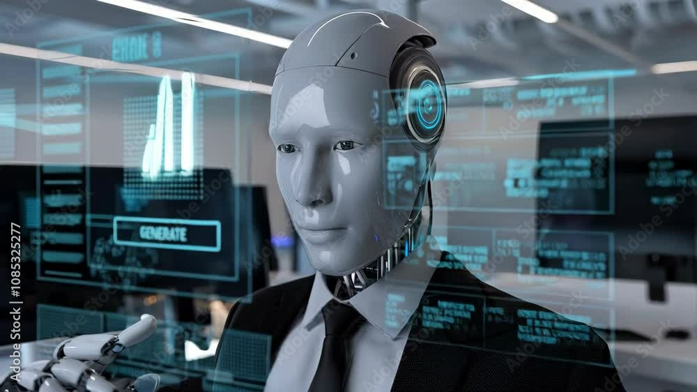 Poster a humanoid robot in a suit with digital interfaces, symbolizing ai technology.