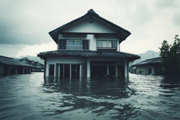 Fototapeta premium A traditional house stands partially submerged in floodwaters, conveying the overwhelming power of nature and the fragility of human dwellings.