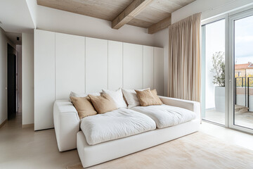 Modern living room interior design with a spacious white sofa and natural light in the afternoon