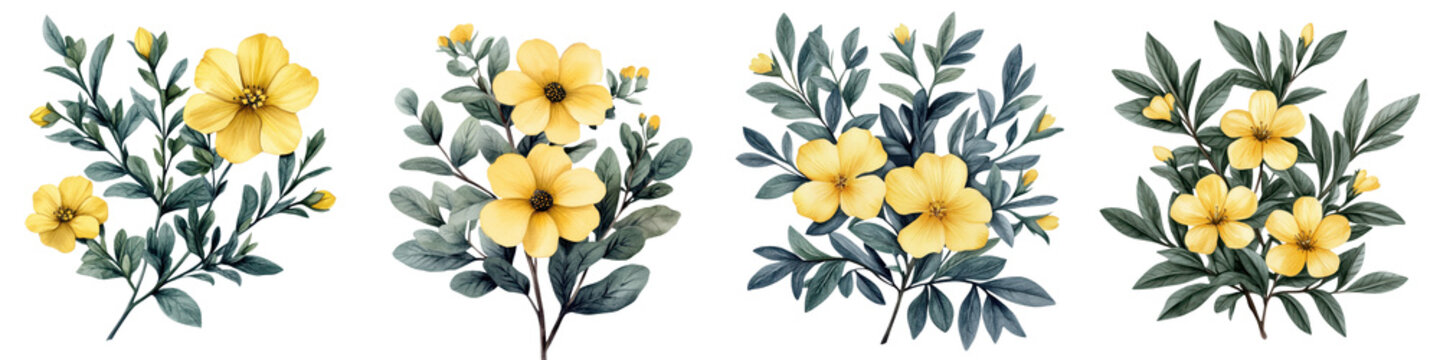 Vibrant Yellow Hibbertia Flowers in Watercolor Botanical Painting