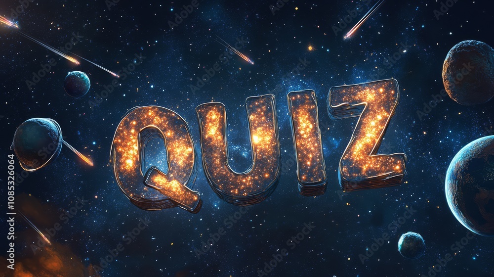 Poster Cosmic Quiz: Fiery letters spelling QUIZ explode against a backdrop of a mesmerizing nebula, planets, and shooting stars. A captivating and dynamic visual for any quiz show, game.