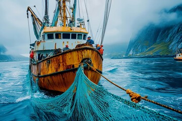 Rustic fishing boat navigating misty waters with a catch