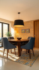 Modern dining room with a wooden table and comfortable chairs in a stylish urban space