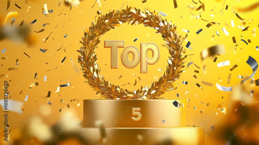 Wall mural Golden Top 5: A 3D rendering of a golden laurel wreath with the word 