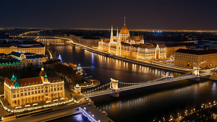 Fototapeta premium Night cityscape with illuminated Parliament building and bridge.