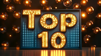 Top 10 Sign: A glowing, illuminated sign with "Top 10" in bold, large letters. It's surrounded by a dark background and sparkling lights, suggesting success and achievement.