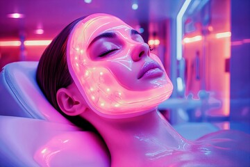 Relaxing spa treatment with led light therapy mask in neon ambience
