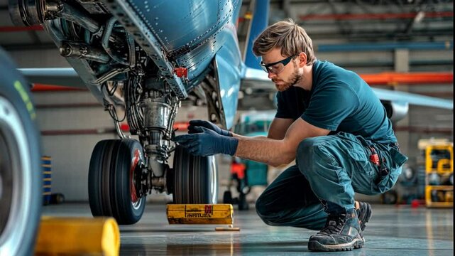 A pre-flight safety check with a technician examining the aircraft landing gear, ensuring all moving parts are functional and secure