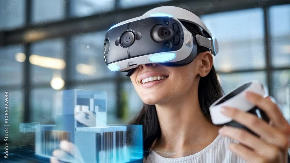 Poster a woman using virtual reality technology to interact with a 3d model.