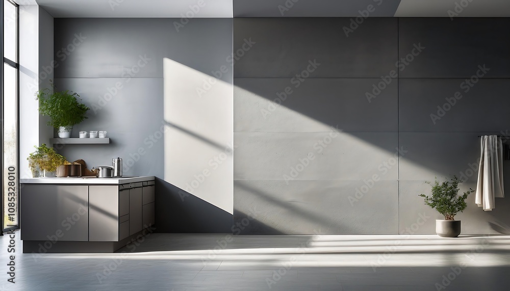 Poster soft sunlight filters through a window, casting subtle shadows on a minimalist, open space _1(469)