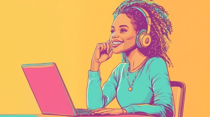 Joyful Beats:  A vibrant illustration of a young woman, headphones on, smiling contentedly while working on her laptop.  The illustration style is bold and expressive.