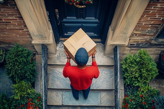 Courier delivering parcel at urban front door - modern home delivery service in action