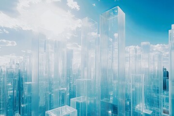 Fototapeta premium Futuristic glass skyscrapers against a clear blue sky with sunlight