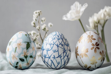 Fototapeta premium Three beautifully decorated Easter eggs with floral patterns and white flowers in the background.